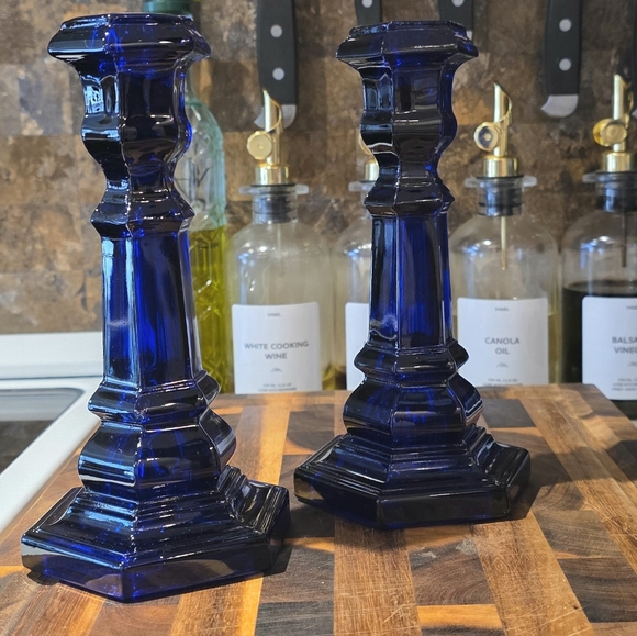 MMA STAMPED COBALT CANDLESTICK HOLDERS